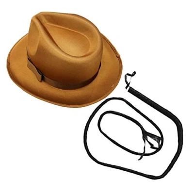 Image of Stylex Brown Explorer Hat &amp; Black BULL Whip Fancy Dress Costume Accessory