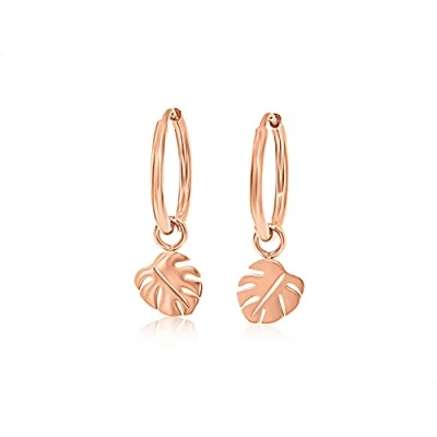 Image of Nuoli® Women&#039;s leaf hoop earrings (diameter: 12 mm) with monstera pendant for women and girls, made of stainless steel gold