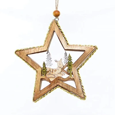 Image of 11cm Christmas Tree Ornaments Lying Deer Wooden Aesthetic Star Shape Hanging Decorations Xmas DIY Holiday Home Décor