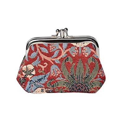 Image of Signare Tapestry Cute Exquisite Double Pocket Kiss Lock Coin Purse for Women with William Morris Design (Strawberry Thief Red, FRMP STRD)