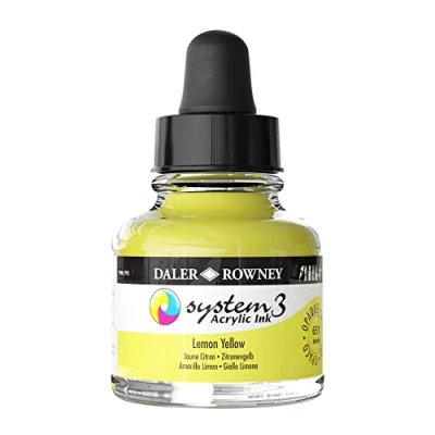 Image of Daler Rowney System3 Acrylic Ink, Glass Bottle with Dropper, Opaque, 1oz 29.5 ml, Lemon Yellow