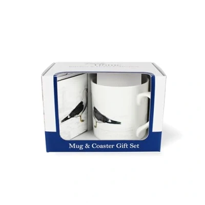 Image of Seaside Mug &amp; Coaster Gift Set Seagull Coastal Sea Birds Bone China and Cork Tea/Coffee Present