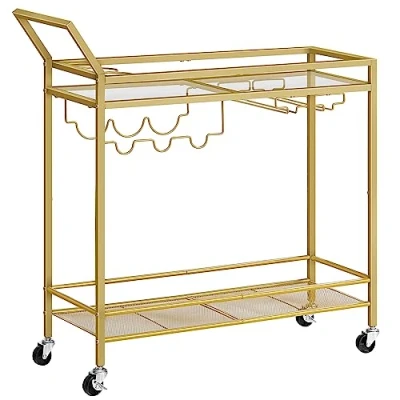 Image of HOOBRO Drinks Trolley Gold, Bar Cart, Trolley, Kitchen on Wheels, Serving with Glass Shelf, Wine Rack and Holder, Home Cart for Dining Room, Party, Gold EGD11TC01