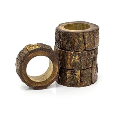 Image of Set Of 4 Wooden Tree Log Slice Napkin Rings Rustic Holders Piece Bark Ring Holder Serviettes Napkins Christmas Table Decor
