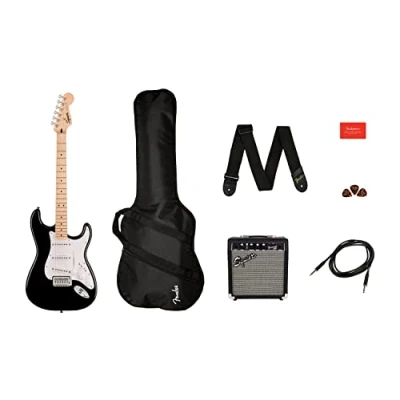 Image of Squier by Fender Sonic Stratocaster Electric Guitar Pack, Maple Fingerboard in Black, Gig Bag, Frontman 10W Amp, Picks, Strap, Cable, Comes with Free Virtual Lessons