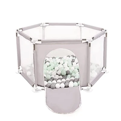 Image of Selonis Hexagon 6 Side Play Pen with 100 Balls, Grey:White/Grey/Mint