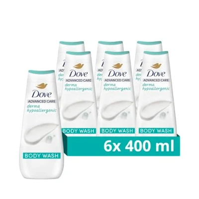 Image of Dove Advanced Care Derma Hypoallergenic Body Wash Cleanser fragrance free shower gel for instantly lotion soft skin 6x 400 ml