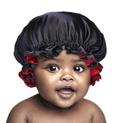 Image of SENGTERM Children&#039;s Satin Night Cap, Double Layer Adjustable Baby Silk Elastic Band, Cap for Hair Care (Children’s, Black Red)