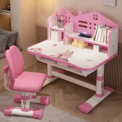 Image of Reheyre Children Study Desk and Chair Set, Pink Set with Adjustable Height, Drawers Storage, Cartoon Pattern Childs Learning Tables Chairs for Kids, Girls (Pink)