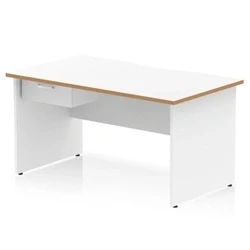 Image of Oslo 1400 x 800mm Edge Office Desk White Top Natural Wood Panel End Leg Workstation 1 Drawer Fixed Pedestal