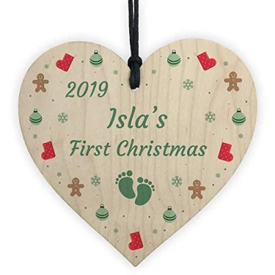 Image of RED OCEAN First Christmas Bauble Wooden Heart Babys 1st Gift Keepsake
