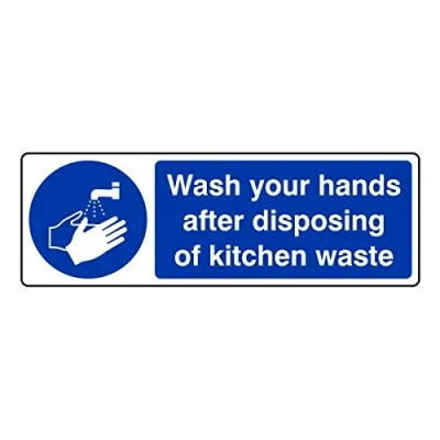 Image of 300mmx100mm Wash Your hands After Disposing of Kitchen Waste Catering Sign Sticker Self Adhesive