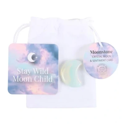 Image of Stay Wild Moonstone Crystal Moon in a Bag Crescent Shaped Gift Set with &#039;Stay Child&#039; Token Earth Range