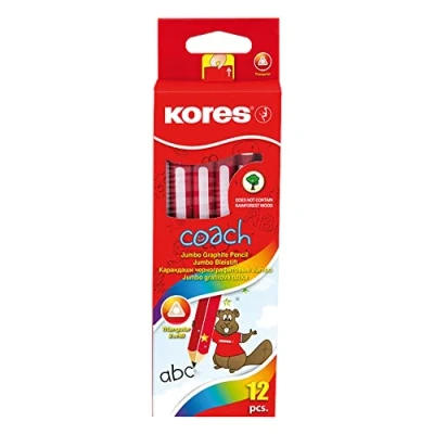 Image of Kores Jumbo Graphite Pencils for Kids Coach, Soft HB Lead and Eraser Tip Wooden Pencils, Ergonomic Shape with Rubber, School Supplies, Pencil Set Pack of 12