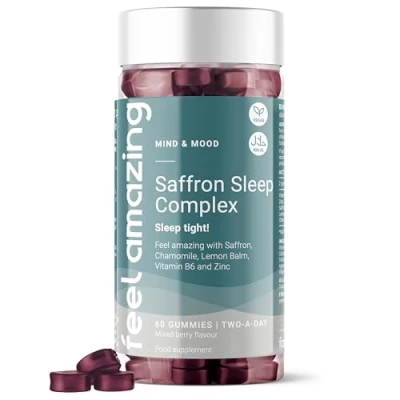 Image of Feel Amazing Saffron Sleep Complex Gummies Natural Aid with Lemon Balm, Chamomile, Zinc &amp; Vitamin B6 Vegan, Halal Mixed Berry Flavour, 60 Gummies, 30 Day Supply (1)