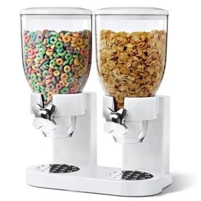 Image of Single/Double Plastic Dry Food &amp; Cereal Dispenser with Easy Twist Dial Accurate Portion Control Dispensing Tap for Foods Keeps Dry, Clean and Fresh by Crystals® (Double White)