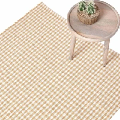 Image of HOMESCAPES 100% Cotton Checkered Gingham Rug Handwoven Beige White 60 x 90 cm Check for Living Room Bedroom and Hallway