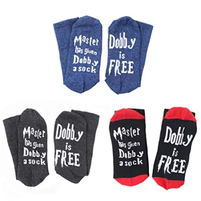Image of Joyfeel&#039;s Store Simoda 3 Pairs Novelty Socks Funny Saying Dobby is Free Knitted Words Crew Cotton for Womens Mens Gift (3 pairs)