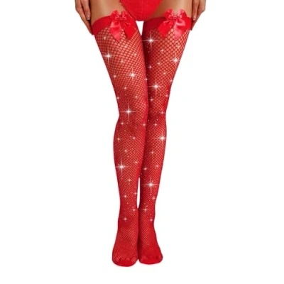 Image of Malustar Sparkling Fishnet Hold Up Stockings with Bows (Red)