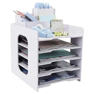 Image of IOUGDSEC Letter Tray Desk Organiser with Filing Trays, 5 Tier Paper File Pen Holder For Office Desk, A4 Tidy Document Home School, White