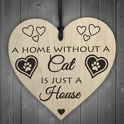 Image of RED OCEAN Home Without A Cat Is Just House Wooden Hanging Heart Shaped Plaque Gift Sign