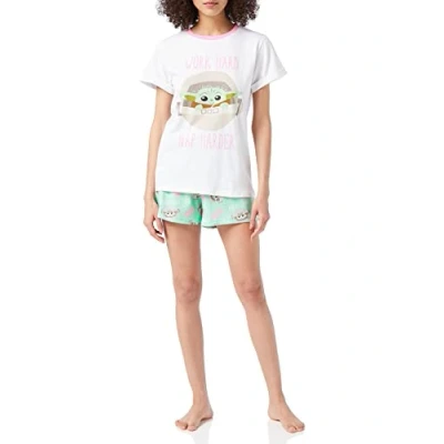 Image of Star Wars Mandalorian Womens Pyjamas, Baby Yoda Short Pjs, Sizes UK 8 to 22, Official Gifts for Women (8 10) White