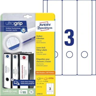 Image of Avery Zweckform L4759 25 90 File Spine Labels (A4 Self Adhesive, Opaque Width/Length 61 x 297 mm) 30 Sheets White