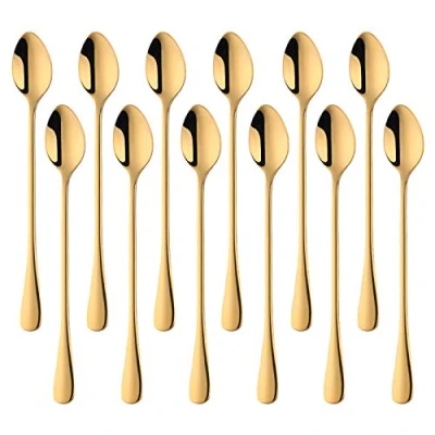 Image of SUNSENGEUR Long Handle Stirring Spoon, DaKuan Set of 12 Stainless Steel Mixing Spoon for Iced Tea, Coffee, Cocktail, Milkshake, Cold Drink,Oxford Gold
