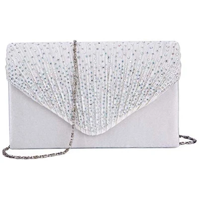 Image of Women Diamante Envelope Clutch Bag Evening Handbag Purse Wedding, Bridal, Prom, Party Shoulder (Silver)
