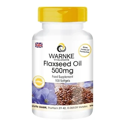 Image of Linseed Oil Cold Pressed, 58 Percent Alpha Linolenic Acid 500mg (Omega 3 Fatty Acid) and 100 Soft Gels Pack of 1 x 71 g Warnke Vitalstoffe German Pharmacy Quality