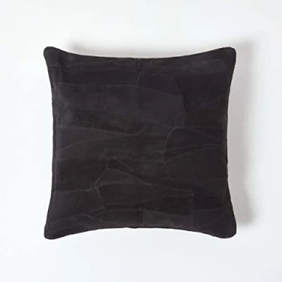 Image of HOMESCAPES Real Leather Black Cushion with Feather Insert 45 x cm Square 18 Inches Recycled Suede Sofa Patchwork Pattern