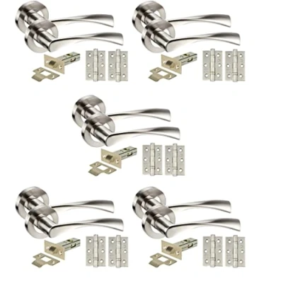 Image of Golden Grace 5 Sets of Twist Astrid Style Modern Chrome Door Handles on Rose with Duo Finish Lever Latch Pack Ball Bearing Hinges and 64mm Tubular (5 Sets)