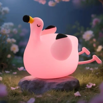 Image of YISUN Flamingo Night Light, Cute Silicone Bedside Lamp, Portable Rechargeable Dimmable Lamp with Touch Control and Timer, Children&#039;s Room Bedroom Table Decoratio