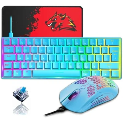 Image of ZIYOU LANG T60 60% Percent Mechanical Gaming Keyboard Mouse [UK Layout] RGB Light up Type C Ergonomic Mini 12000 DPI USB Honeycomb Blue+Blue Switch