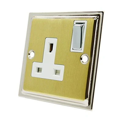Image of Slimline Duo Satin Brass Polished Chrome 1 Gang Socket White Insert Metal Rocker Switch 13 Amp Single Plug