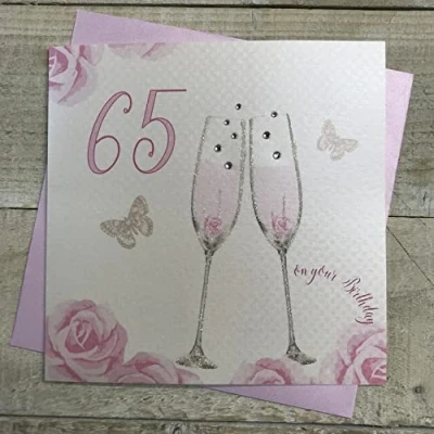Image of Happy 65th Birthday Card Champagne Glasses Pink Roses by White Cotton Cards SS42 65