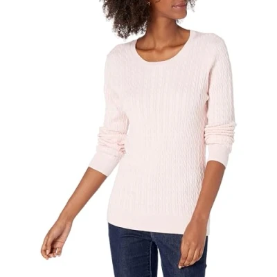 Image of Amazon Essentials Women&#039;s Lightweight Long Sleeved Cable Crewneck Sweater (Available in Plus Size), Light Pink, M