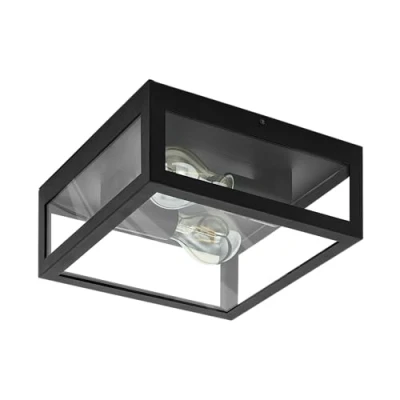 Image of Eglo Amezola 2 Flame Flush Ceiling Light, Industrial and Vintage Design Lighting, Living Room, Kitchen Bedroom Wall Lamp, Black Steel Clear Glass Light Fixture, E27 Socket, IP44