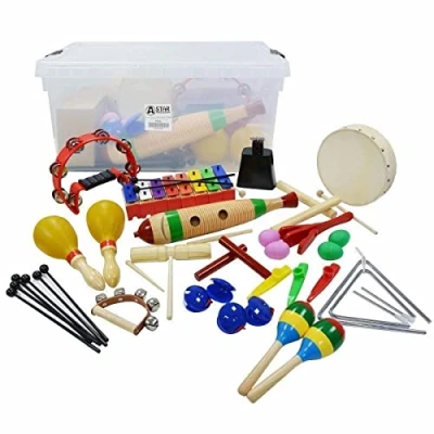 Image of A Star 34 Piece Percussion Set with Storage Box, Educational Wooden Metal Plastic Musical Instruments for Children Key