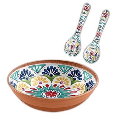 Image of Purely Home Mediterranean Outdoor/Camping/Picnic Melamine/Plastic Salad Bowl &amp; Servers Set (Rio Medallion)