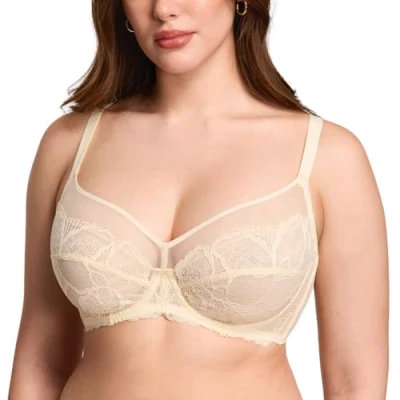 Image of DOBREVA Women&#039;s Lace Full Coverage Minimiser Bra Unlined Underwire See Through Plus Size Parchment 42D