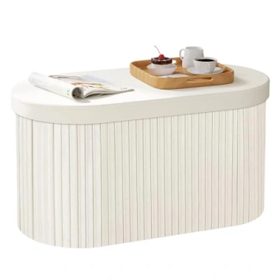 Image of WOLTU Bench with Storage Space, Foldable Seat Chest Lid, Box, Bench, Upholstered Round Made of Velvet MDF, 76 x 38 cm, Cream SH90 cm