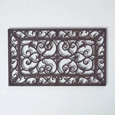 Image of HOMESCAPES Cast Iron Door Mat Outdoor Brown Rectangular Parisian Design Doormat
