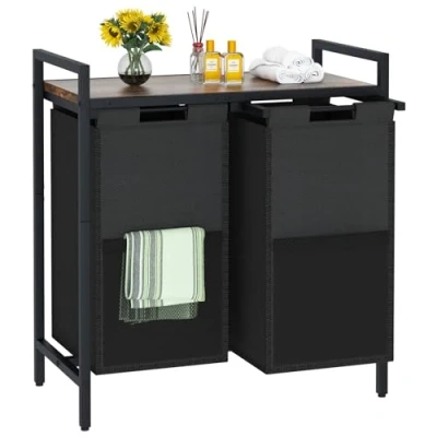 Image of Laundry Basket, 2 Compartments,Dirty Basket,Laundry Hamper Bins Sections,Black Double Washing Basket Organiser with Removable Oxford Cloth Bags, Metal Frame