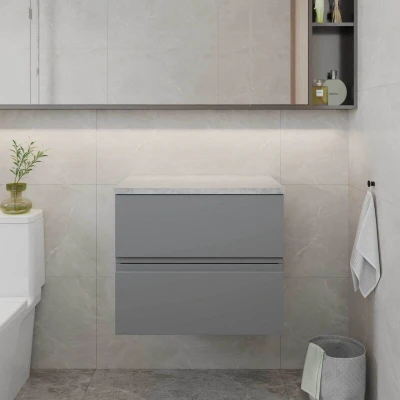 Image of Hudson Reed URB204LBG Urban Modern Bathroom Wall Hung Vanity Unit with 2 Soft Close Drawers Worktop, 600mm, Satin Grey