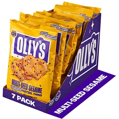 Image of Olly&#039;s Pretzel Thins, Multi Seed Sesame, 140g (Pack of 7), Bigger Sharing Bag, Healthy Plant Based Vegan Snacks for Dipping, Low Calorie Snacks, Fat, Source Fibre, No Preservatives