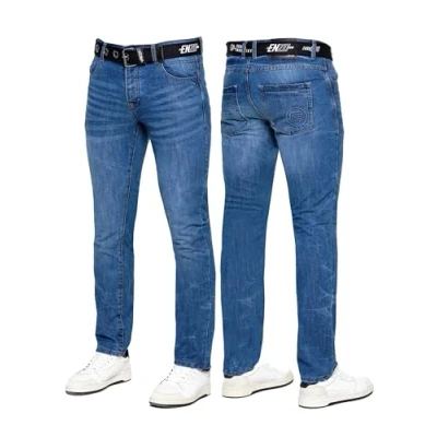 Image of 989Zé ENZO Mens Jeans Classic Straight Leg Casual Cotton Regular Fit Denim Pants Free Belt EZ384 MID Blue 38W / 32L
