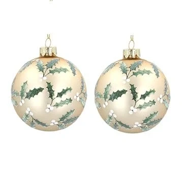 Image of Gisela Graham Matt Gold Baubles with Holly, Set of 2