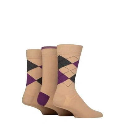 Image of Mens 3 Pair Glenmuir New Waverley Cotton Argyle Patterned and Plain Socks Beige 7 11