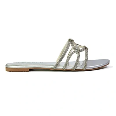 Image of Womens Slip On Flat Sandals Ladies Sparkly Diamante Summer Silver Mule Slider Shoes Size 3